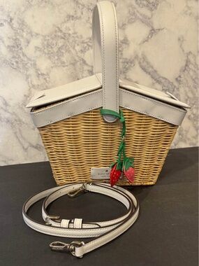 Kate Spade White Trim Wicker Basket Bag with Strawberry Charm